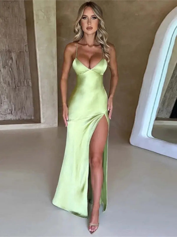 Suspender V-Neck Satin Slit Backless Long Dress