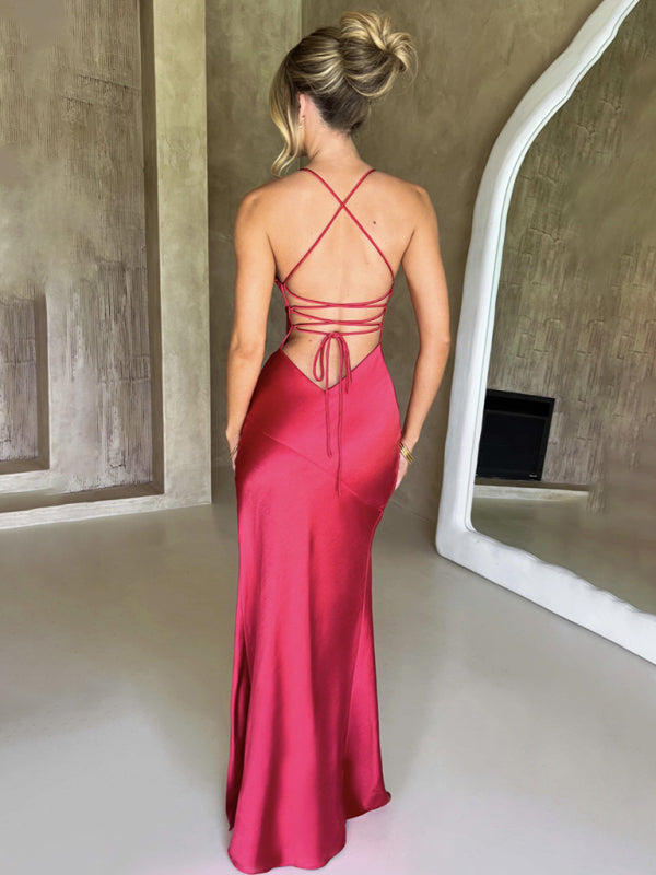 Suspender V-Neck Satin Slit Backless Long Dress