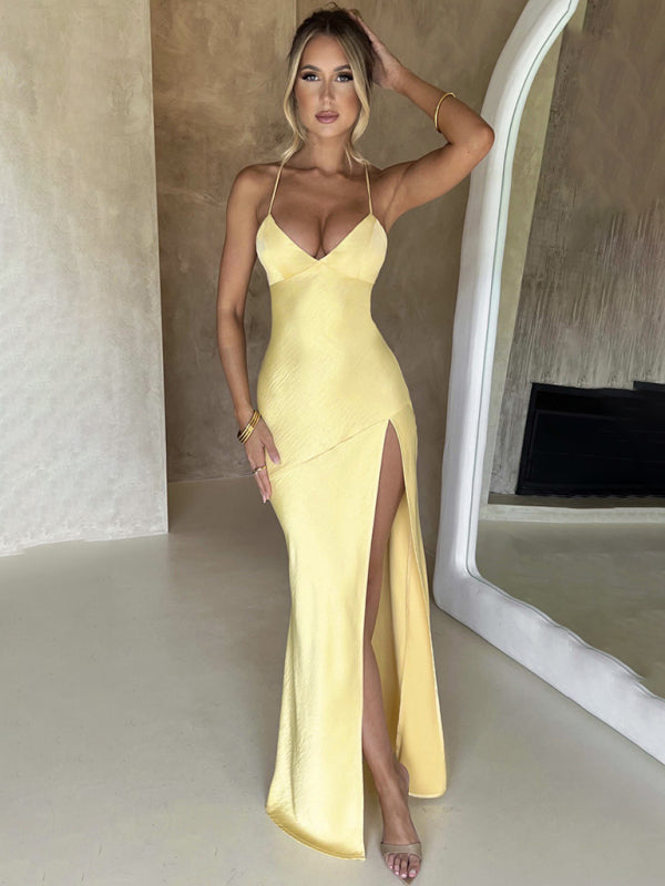 Suspender V-Neck Satin Slit Backless Long Dress