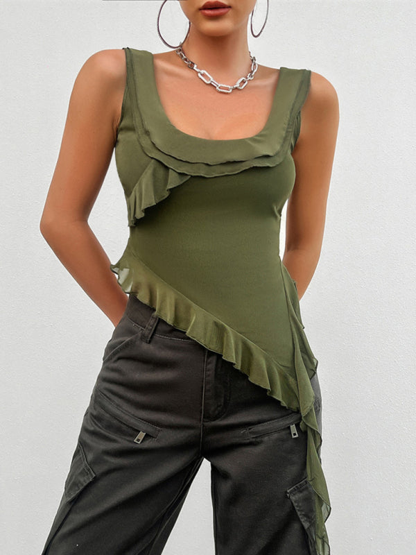 Sleeveless U-Neck Mesh Top