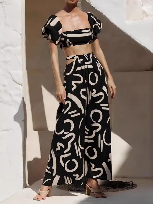 New Puff-Sleeve Top + Hollow Long Split Skirt Outfit