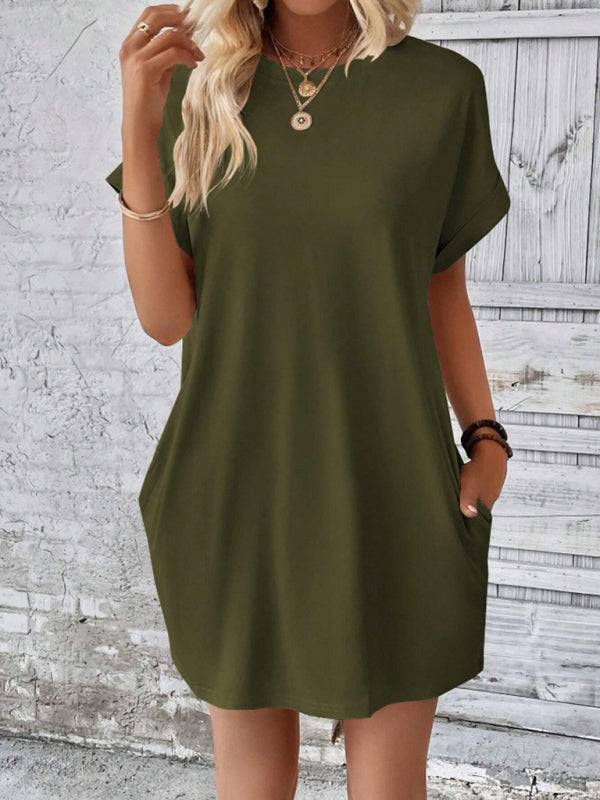 Round-Neck Loose Short-Sleeve Pocket Mini Dress