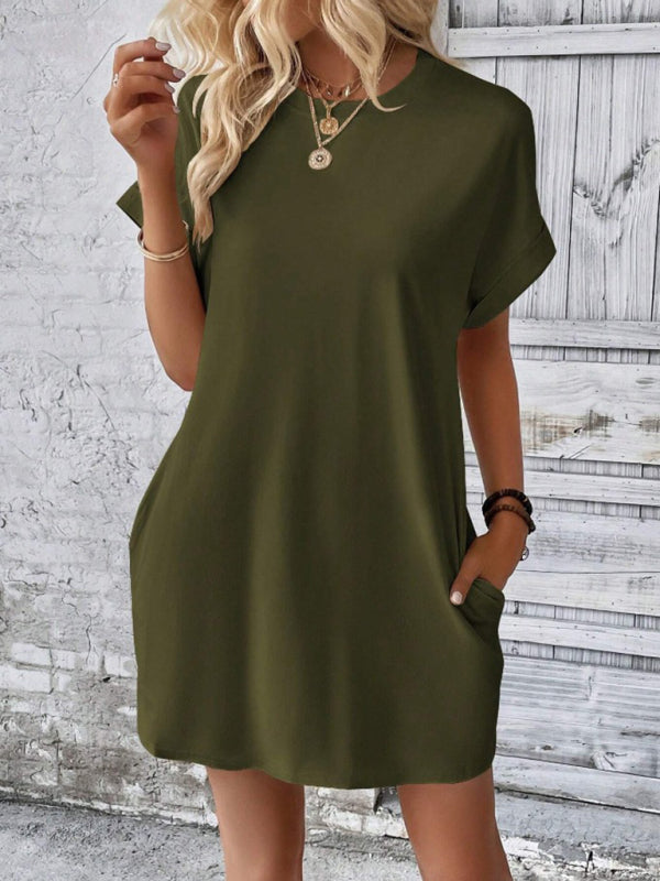 Round-Neck Loose Short-Sleeve Pocket Mini Dress