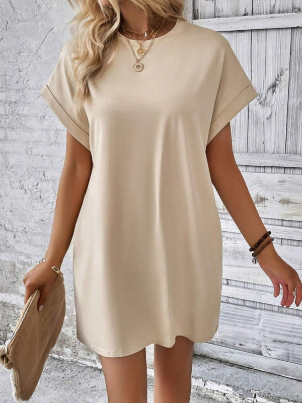 Round-Neck Loose Short-Sleeve Pocket Mini Dress