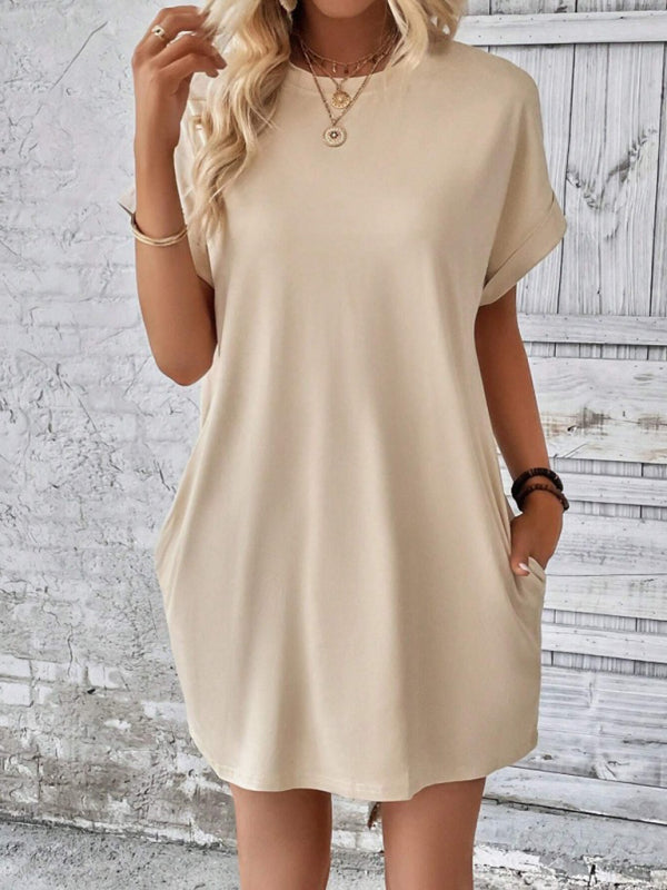 Round-Neck Loose Short-Sleeve Pocket Mini Dress