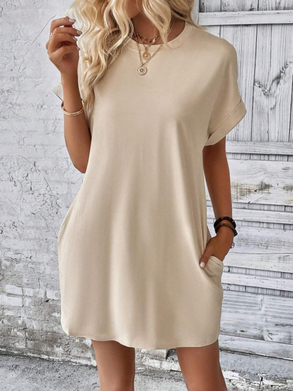 Round-Neck Loose Short-Sleeve Pocket Mini Dress