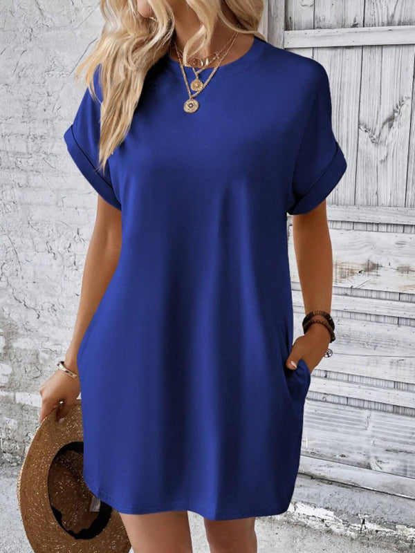 Round-Neck Loose Short-Sleeve Pocket Mini Dress