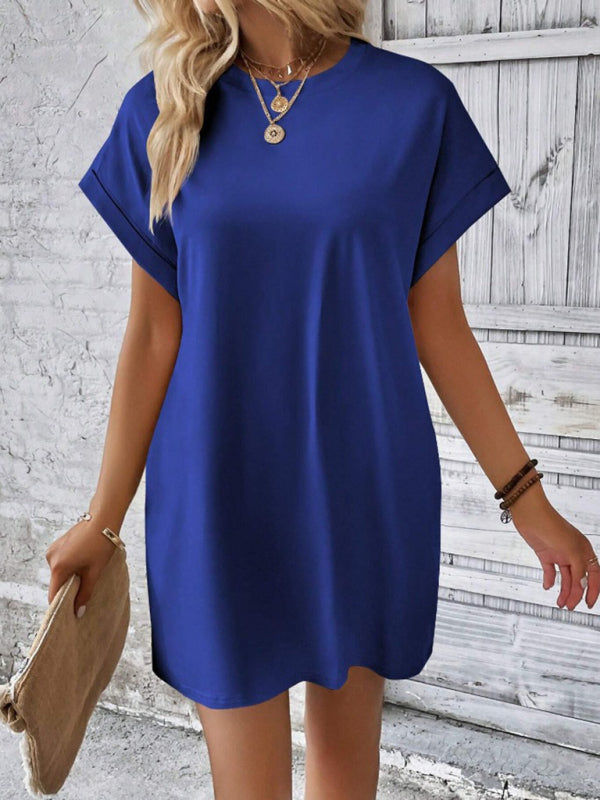 Round-Neck Loose Short-Sleeve Pocket Mini Dress