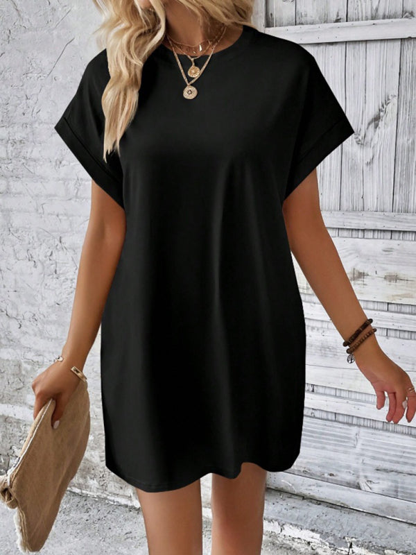 Round-Neck Loose Short-Sleeve Pocket Mini Dress