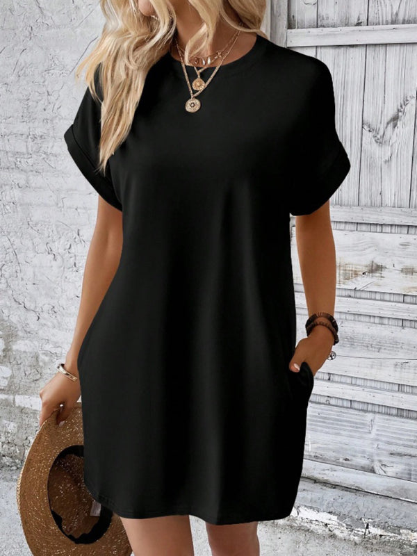 Round-Neck Loose Short-Sleeve Pocket Mini Dress