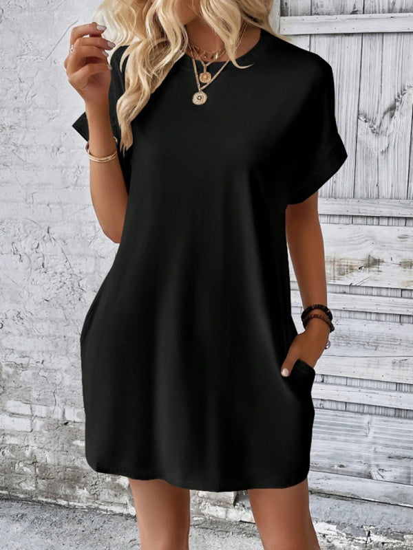 Round-Neck Loose Short-Sleeve Pocket Mini Dress