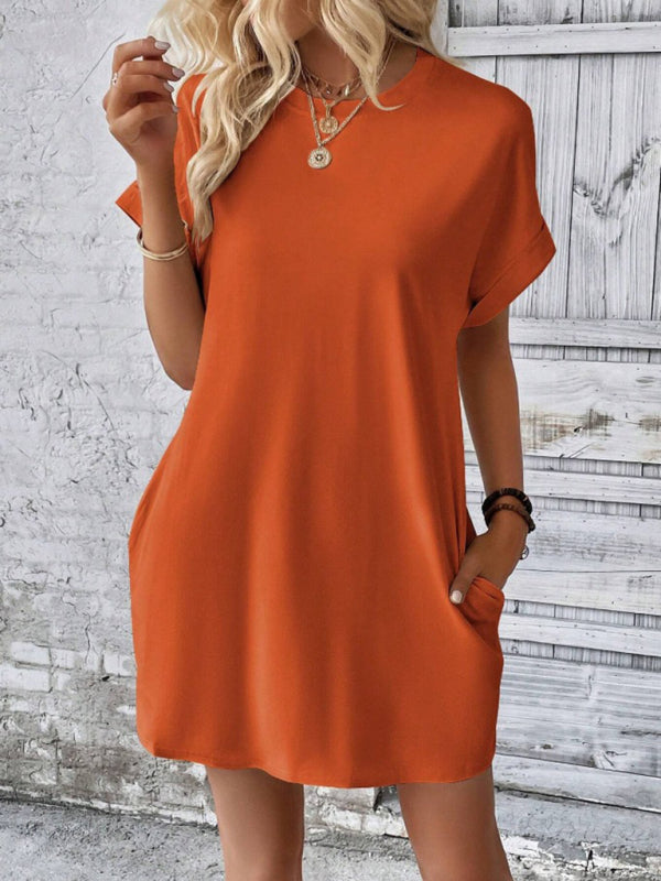 Round-Neck Loose Short-Sleeve Pocket Mini Dress