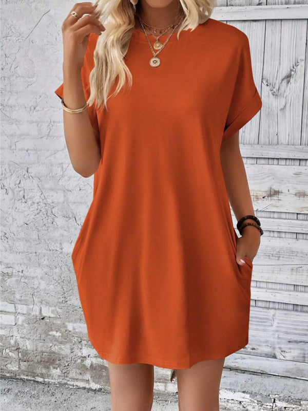 Round-Neck Loose Short-Sleeve Pocket Mini Dress