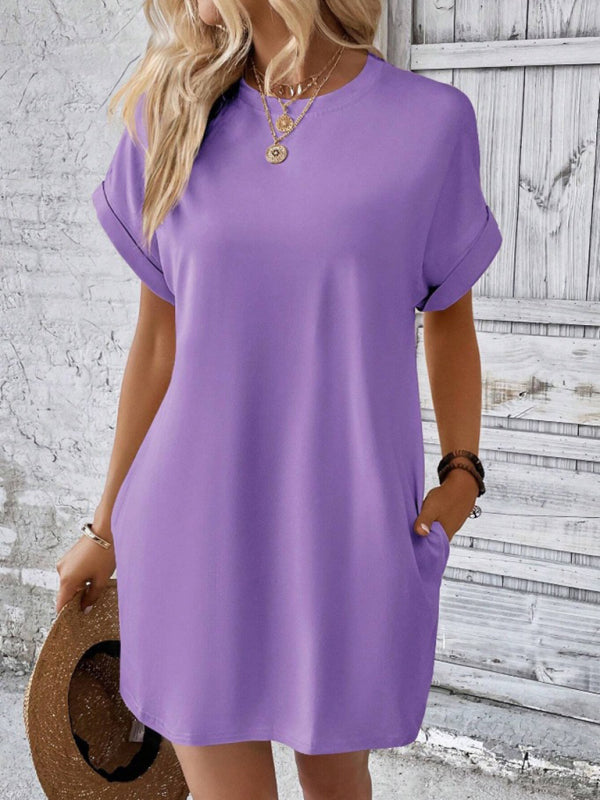 Round-Neck Loose Short-Sleeve Pocket Mini Dress