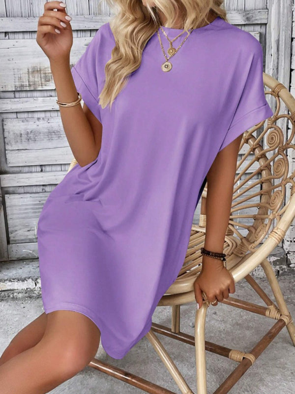 Round-Neck Loose Short-Sleeve Pocket Mini Dress