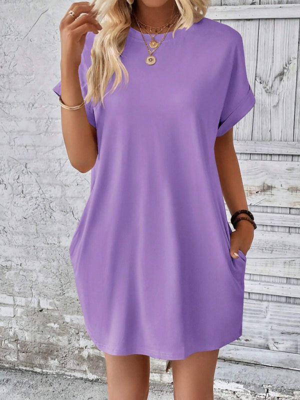 Round-Neck Loose Short-Sleeve Pocket Mini Dress