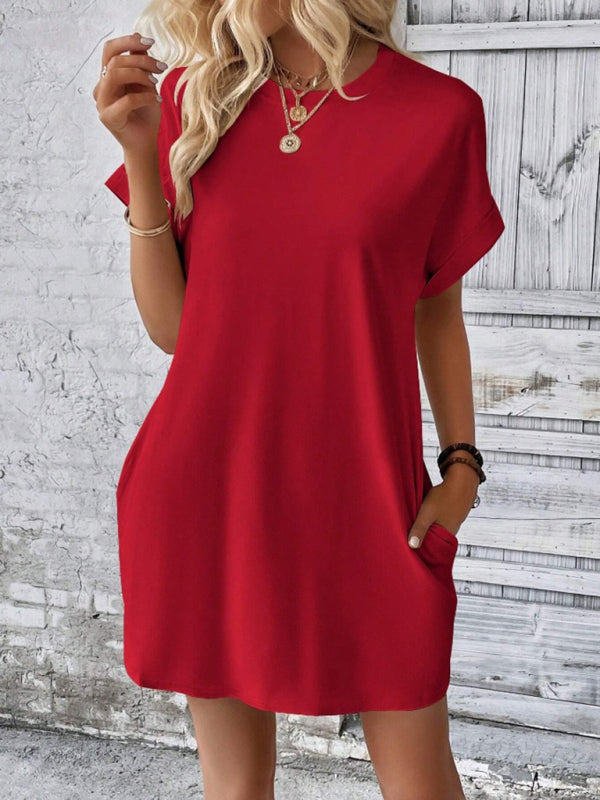 Round-Neck Loose Short-Sleeve Pocket Mini Dress