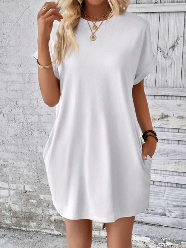 Round-Neck Loose Short-Sleeve Pocket Mini Dress