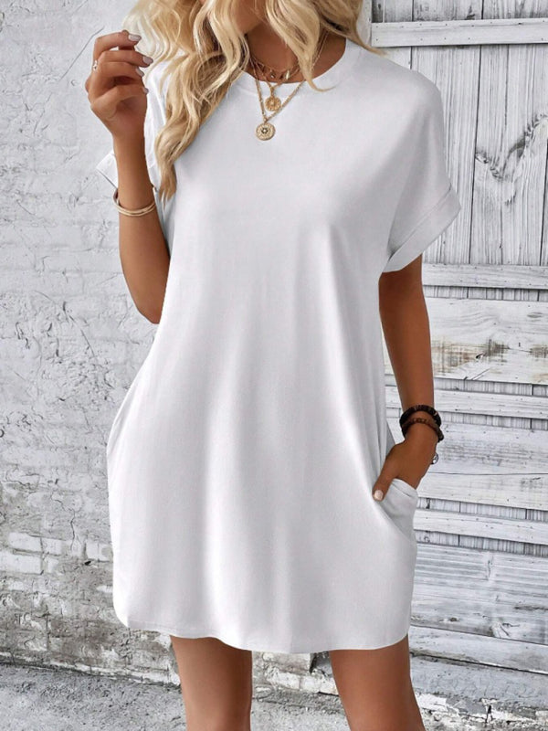 Round-Neck Loose Short-Sleeve Pocket Mini Dress