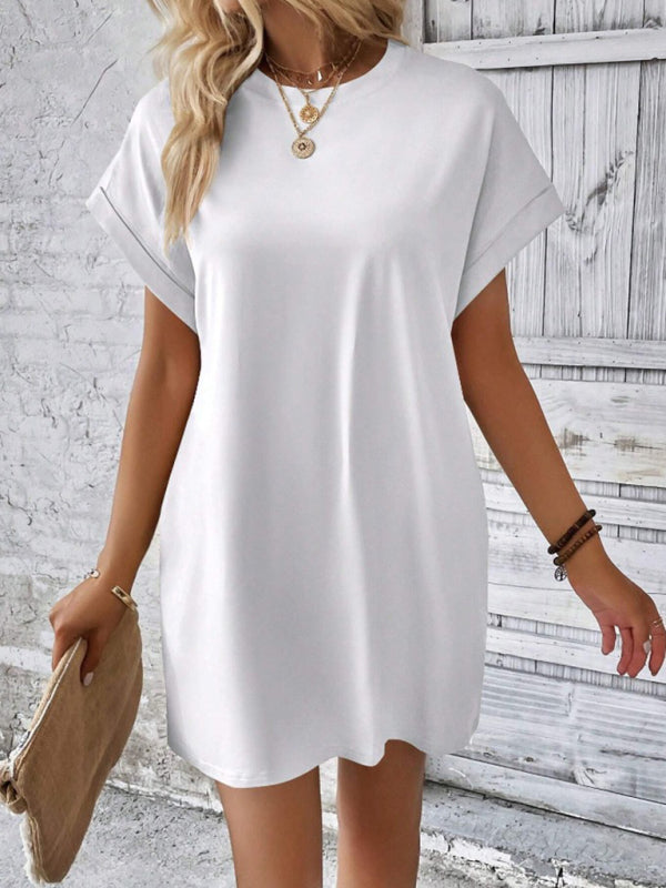 Round-Neck Loose Short-Sleeve Pocket Mini Dress