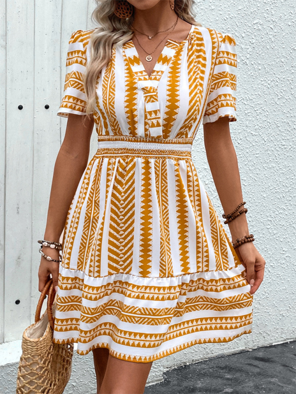 Bohemian V-Neck Short-Sleeve Printed Dress