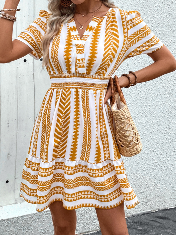 Bohemian V-Neck Short-Sleeve Printed Dress