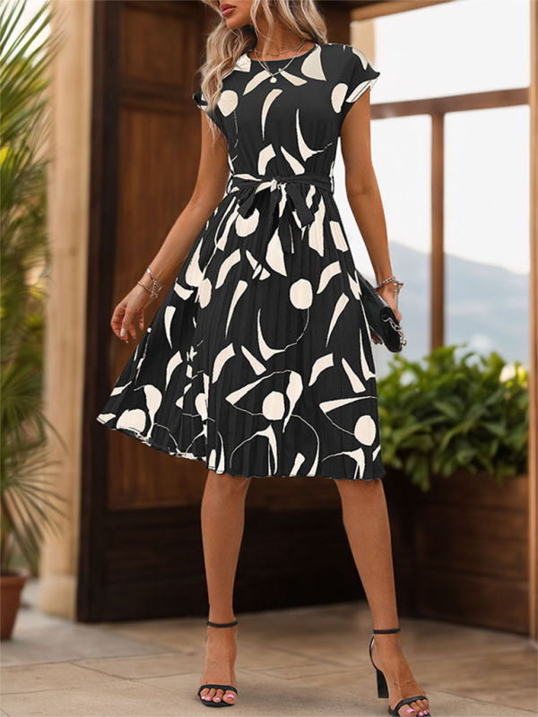 New Geometric Pattern Print Pleated Midi Dress