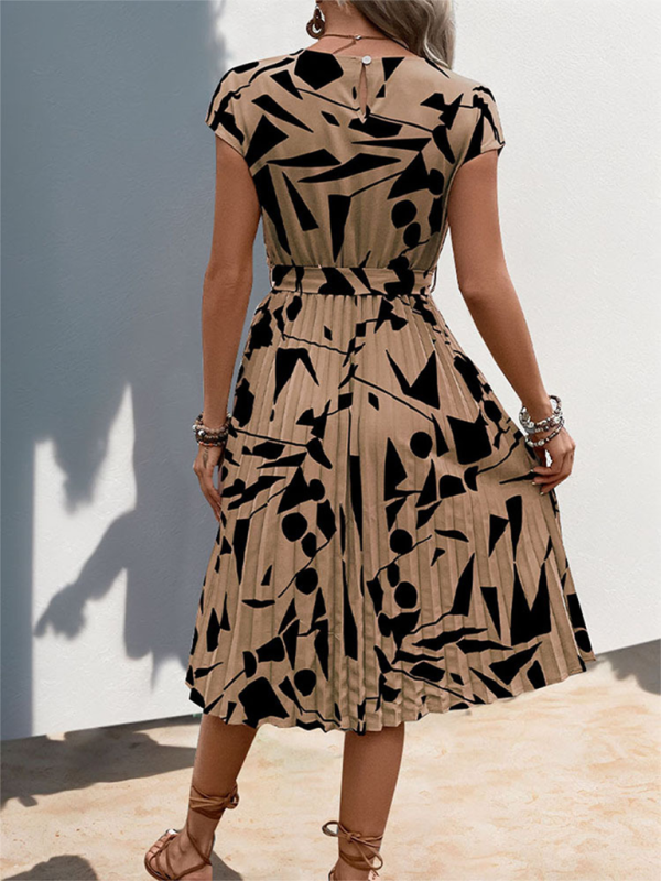 New Geometric Pattern Print Pleated Midi Dress