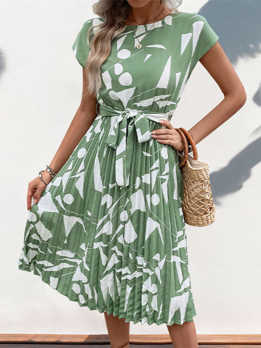 New Geometric Pattern Print Pleated Midi Dress