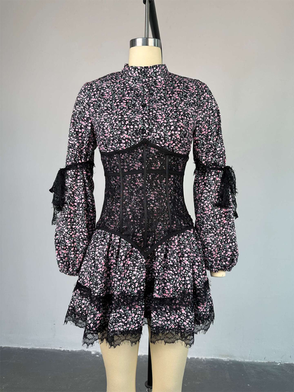 New Sweet Fresh Print Long-Sleeve Short Lace Dress
