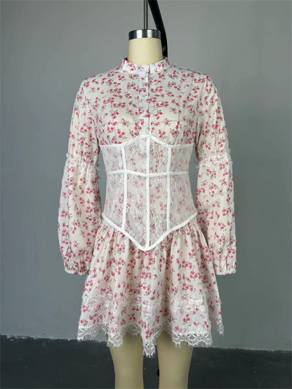 New Sweet Fresh Print Long-Sleeve Short Lace Dress