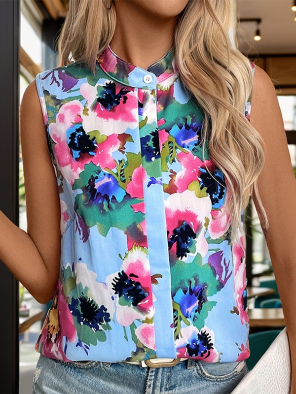 Women's Stand-Collar Printed Sleeveless Shirt