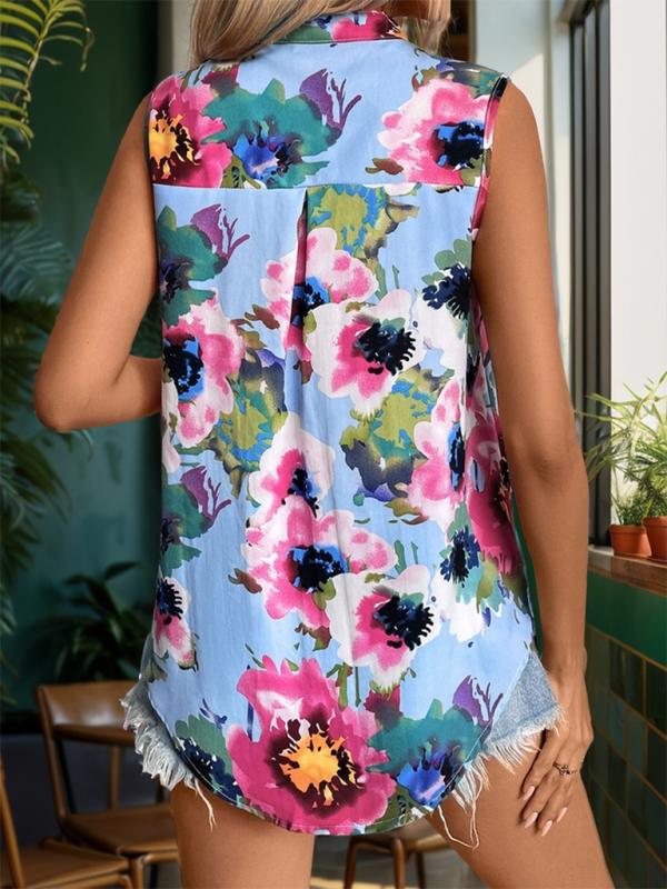 Women's Stand-Collar Printed Sleeveless Shirt