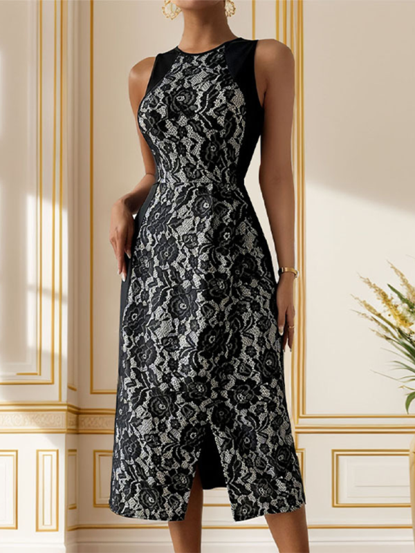 High-Waist Sleeveless Printed Slit Dress