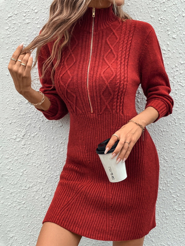 New-Style Lapel Zipper Sweater Dress