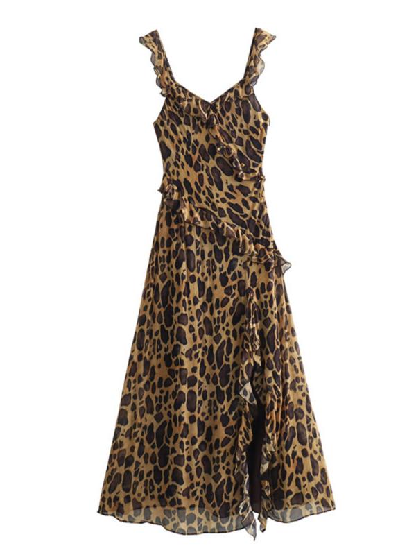 Ruffled Animal Print Sling A-Line Dress