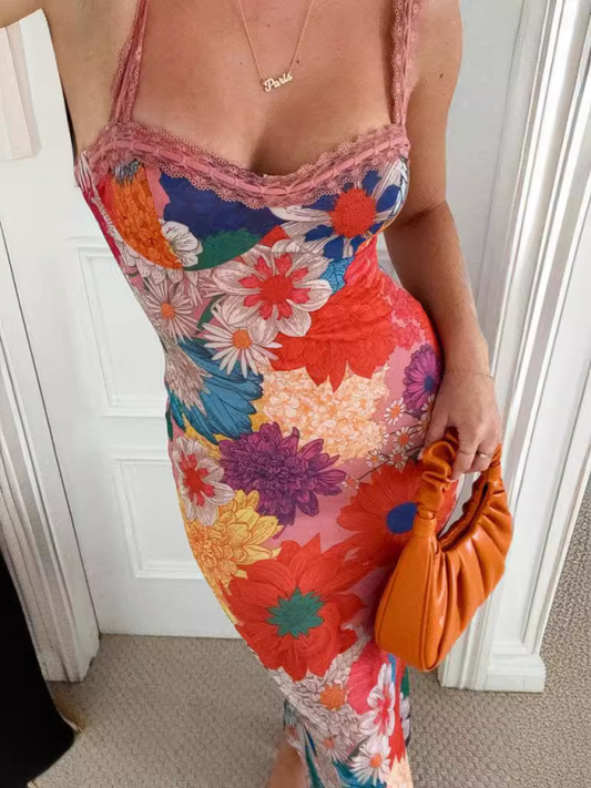 One-Shoulder Flower-Printed Suspender Dress