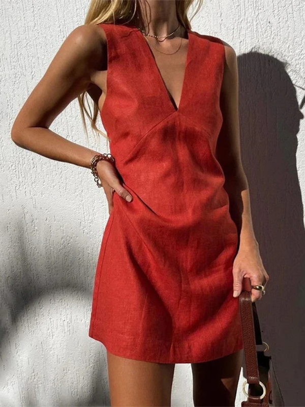 V-Neck Solid-Colour Slim-Vest Sleeveless Dress