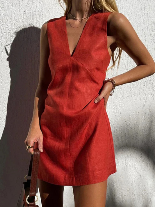 V-Neck Solid-Colour Slim-Vest Sleeveless Dress