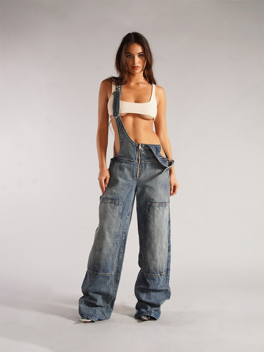 Women's Pocket Wide-Leg Pants Zipper Denim Overalls