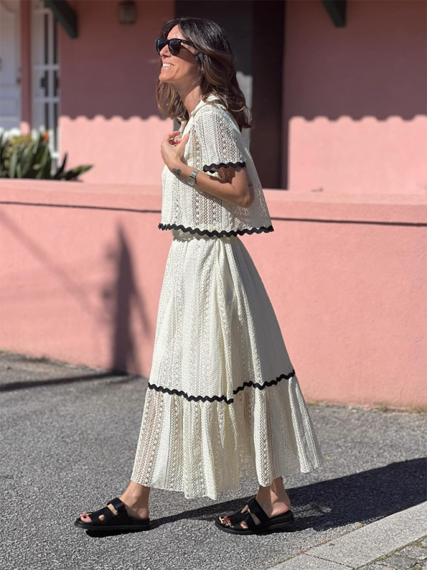 New Shirt-Collar Lace Long Skirt Outfit