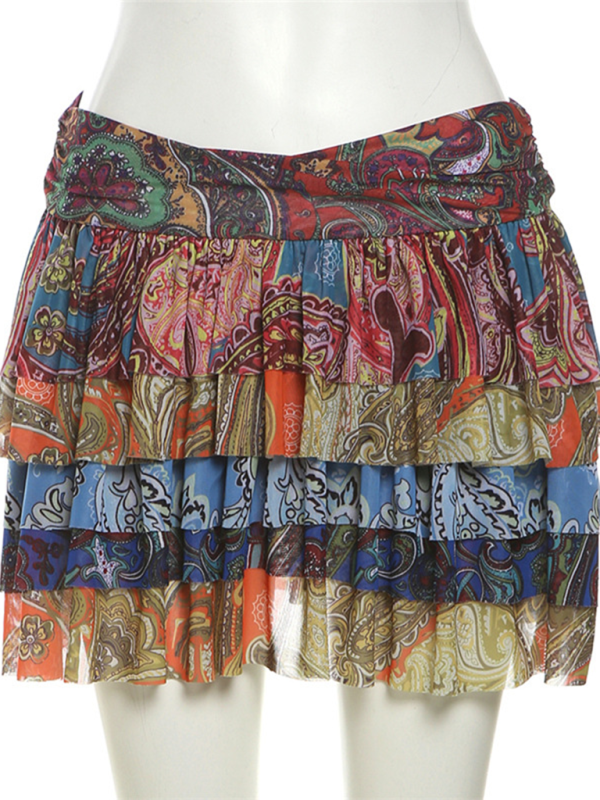 Colorful Printed Pleated Hip-Hugging Short Skirt