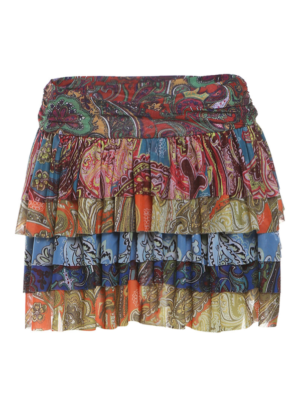 Colorful Printed Pleated Hip-Hugging Short Skirt