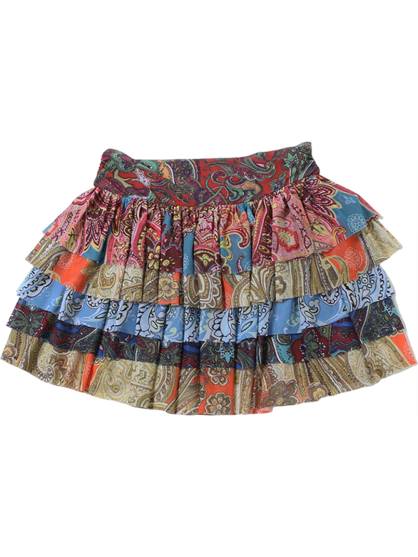 Colorful Printed Pleated Hip-Hugging Short Skirt