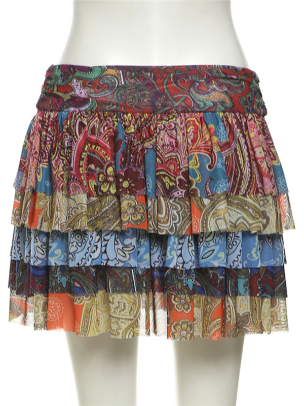 Colorful Printed Pleated Hip-Hugging Short Skirt