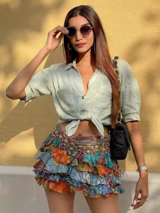 Colorful Printed Pleated Hip-Hugging Short Skirt