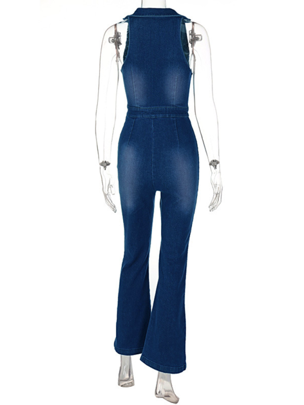 Slim-Fit Street Retro-Style High-Waist Denim Jumpsuit