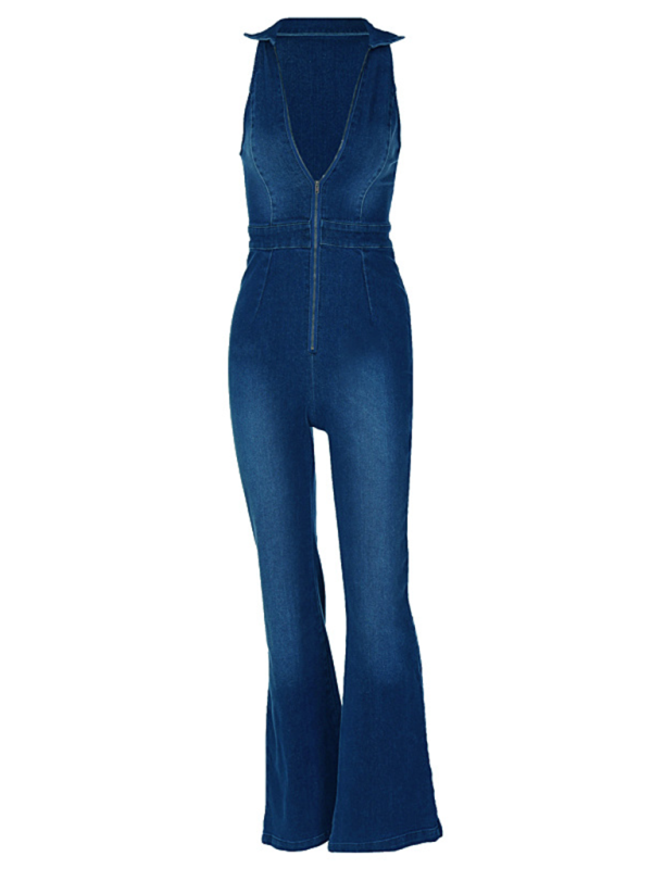 Slim-Fit Street Retro-Style High-Waist Denim Jumpsuit