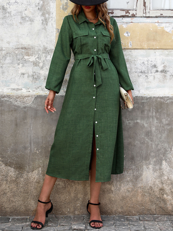 New Lapel Green Long-Sleeve Solid-Colour Dress