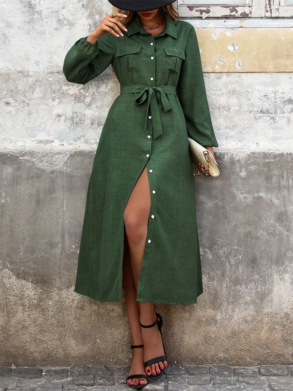 New Lapel Green Long-Sleeve Solid-Colour Dress